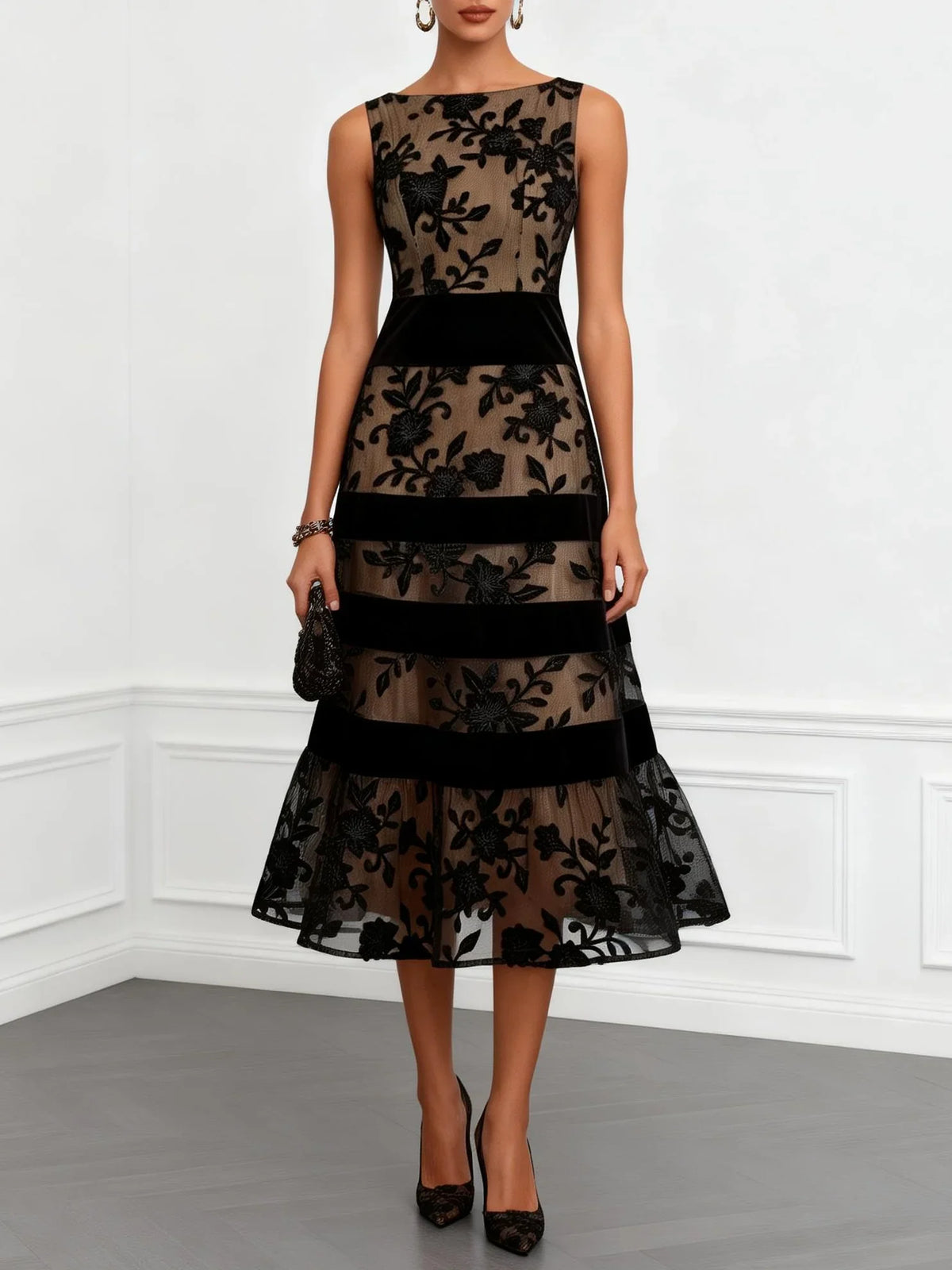 Jeanine | Black Mesh Lace Jacquard Boat Neck Sleeveless A-Line Midi Dress