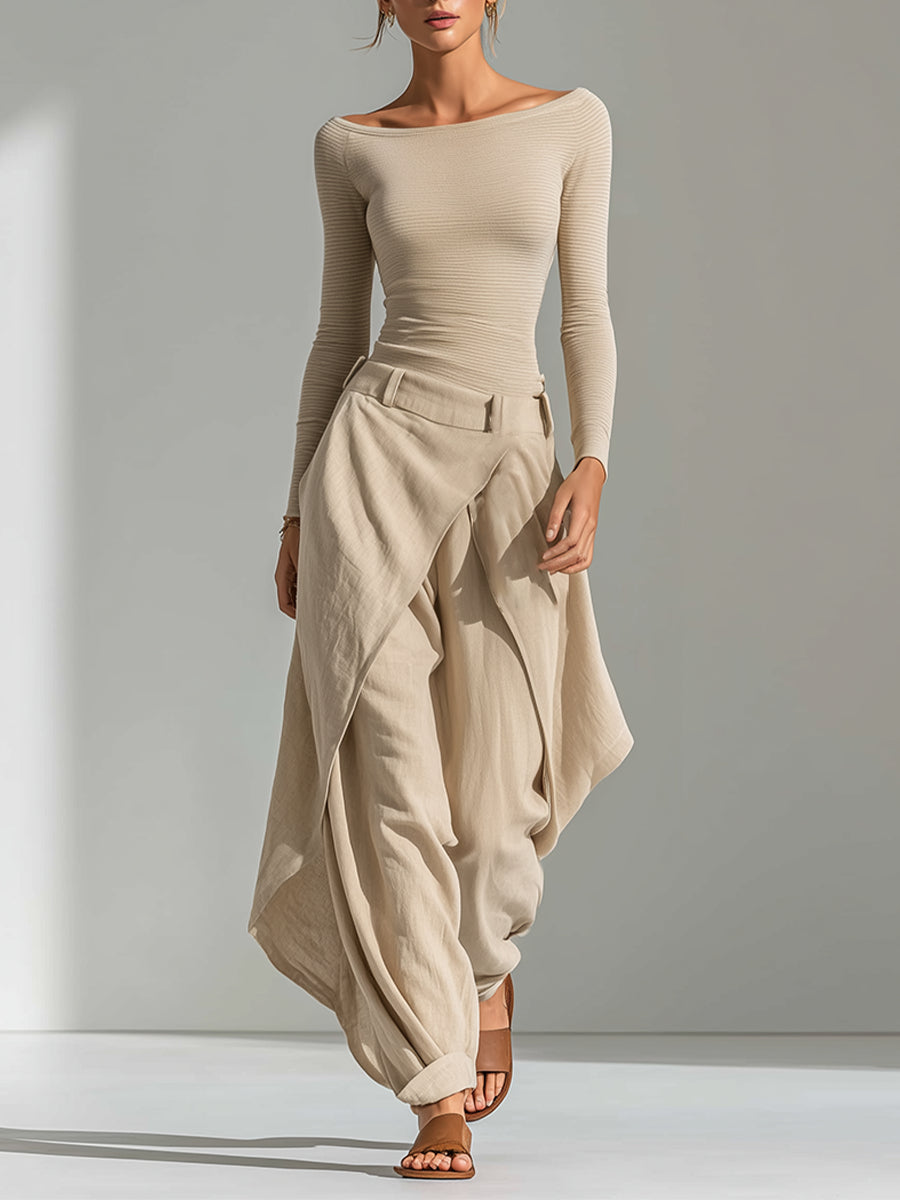 Allie | Beige off-the-shoulder top and wide layered pants