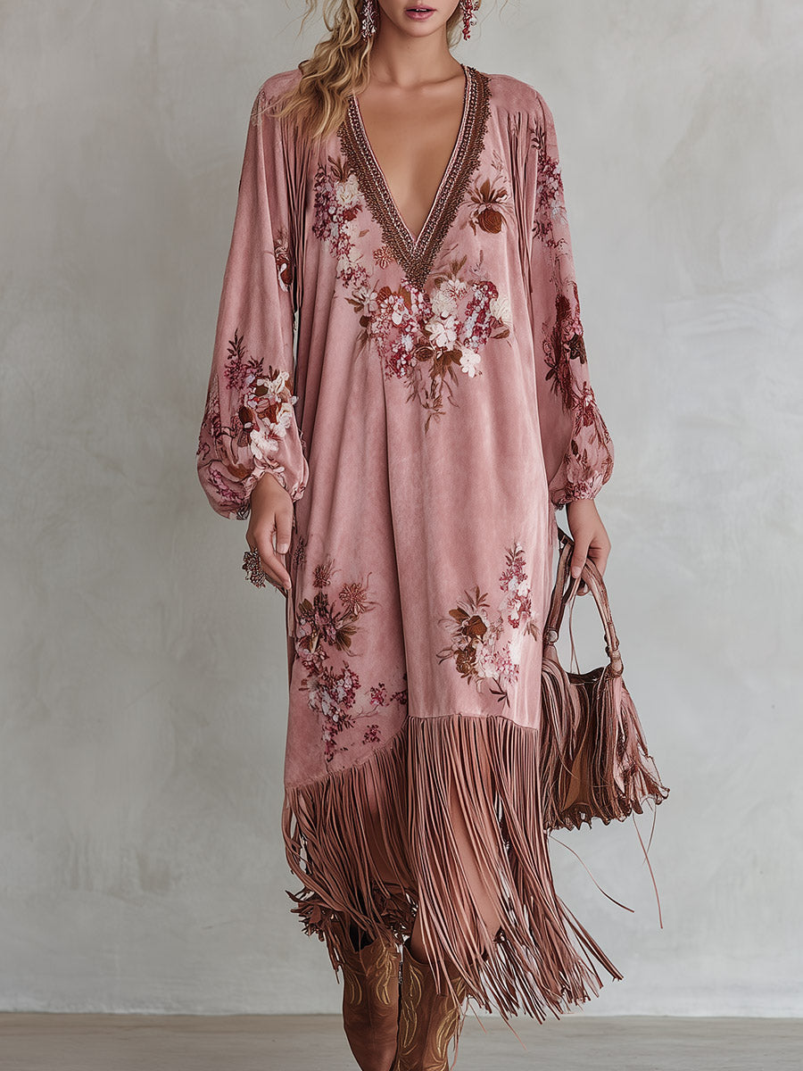 Vintage pink printed faux-suede maxi skirt with a fringed hem