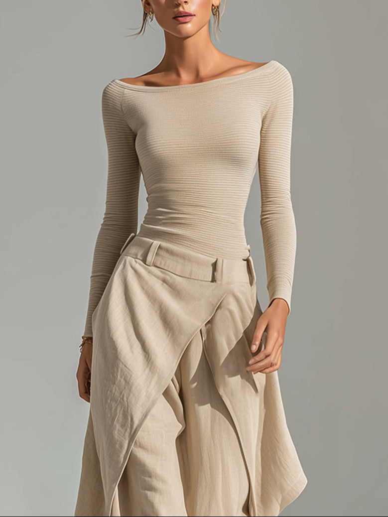 Allie | Beige off-the-shoulder top and wide layered pants