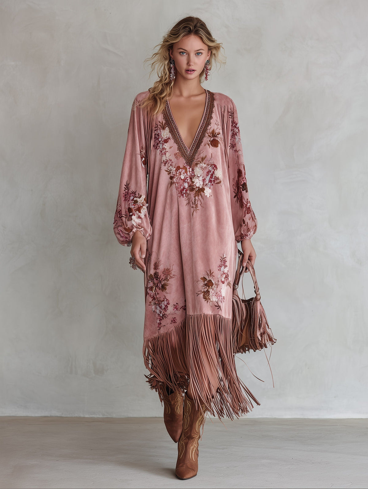 Vintage pink printed faux-suede maxi skirt with a fringed hem