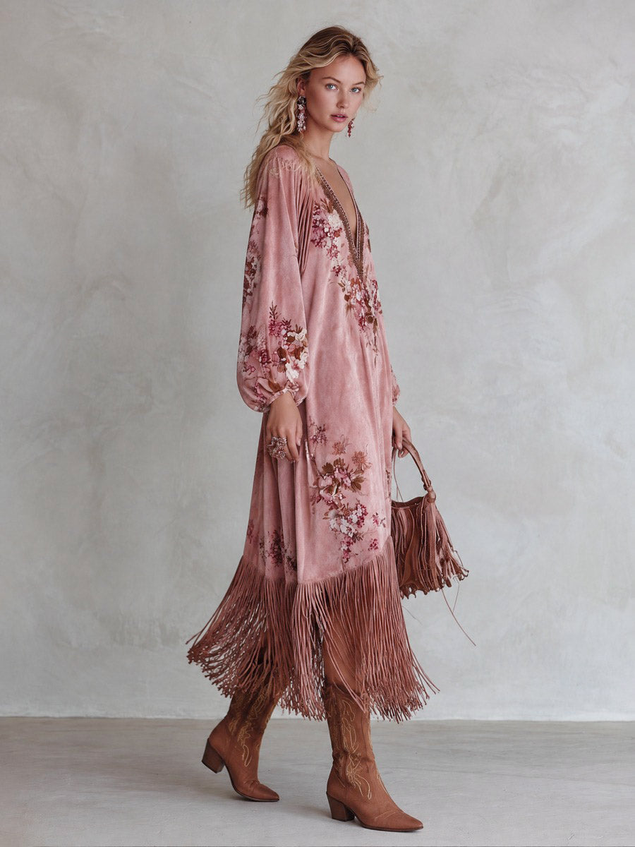 Vintage pink printed faux-suede maxi skirt with a fringed hem