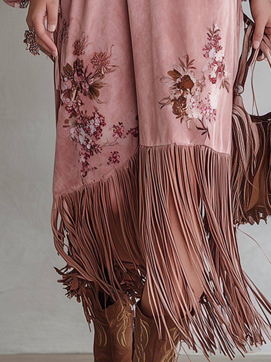 Vintage pink printed faux-suede maxi skirt with a fringed hem
