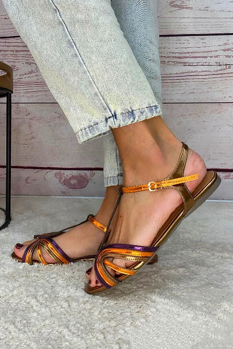 Grace | Gold-colored sandals with buckle and multicolored strap