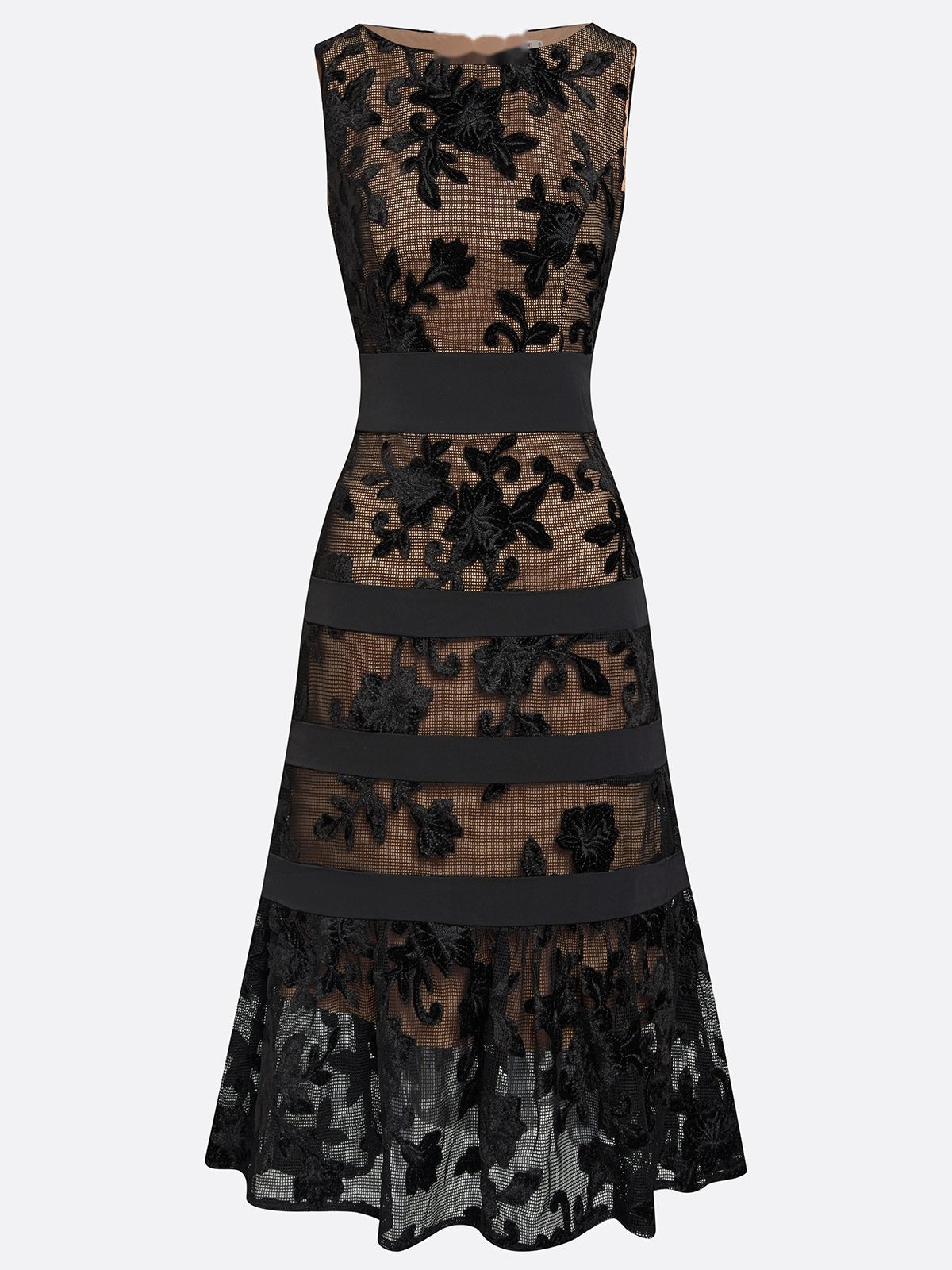 Jeanine | Black Mesh Lace Jacquard Boat Neck Sleeveless A-Line Midi Dress