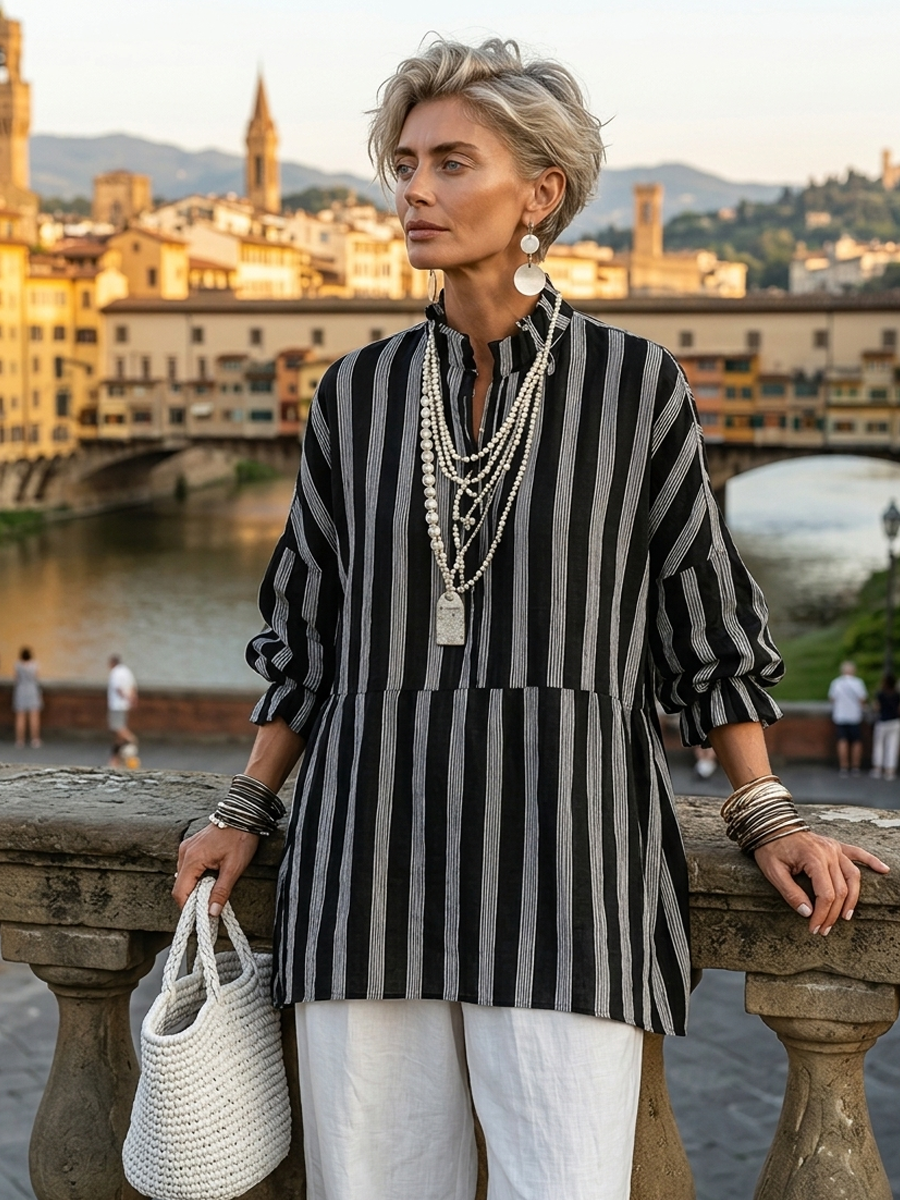 Yasmine | Vintage Casual Linen Blend Vertical Stripes Mandarin Collar and Lantern Sleeves Loose Blouse