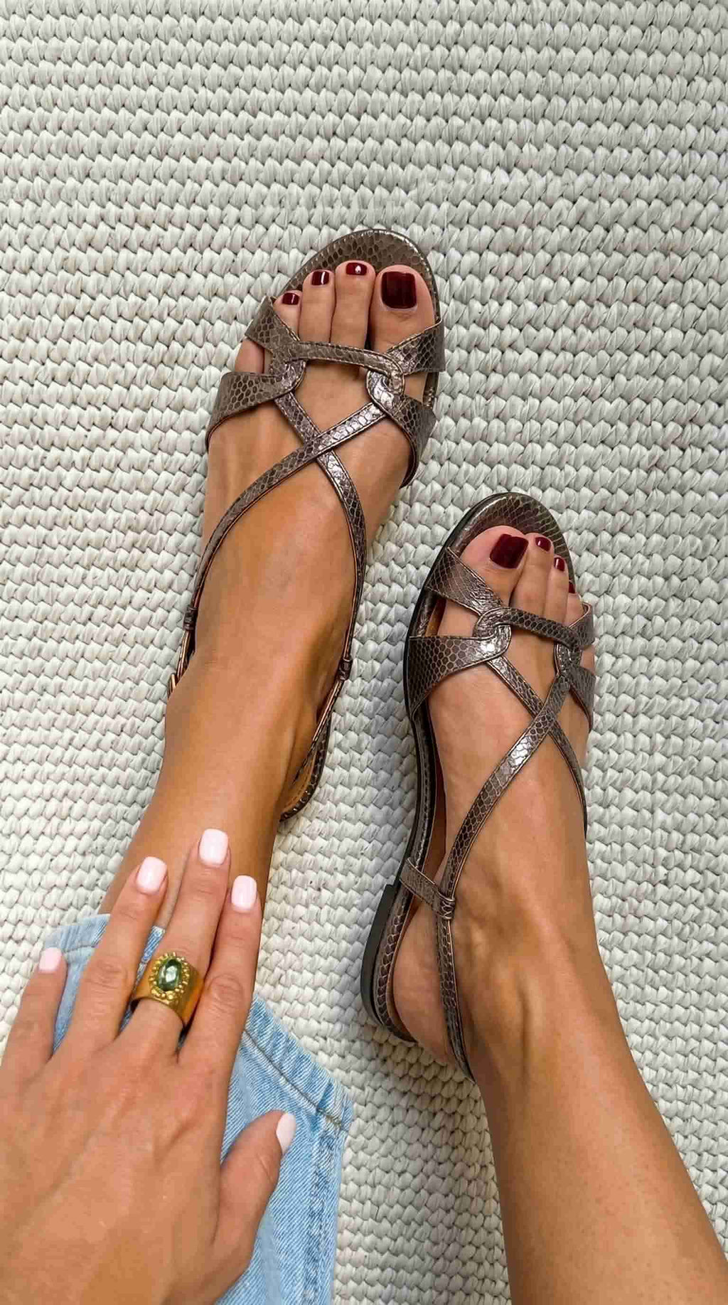 Julie | Flat Slingback Sandals with Snake Effect in Bronze and Open Toe