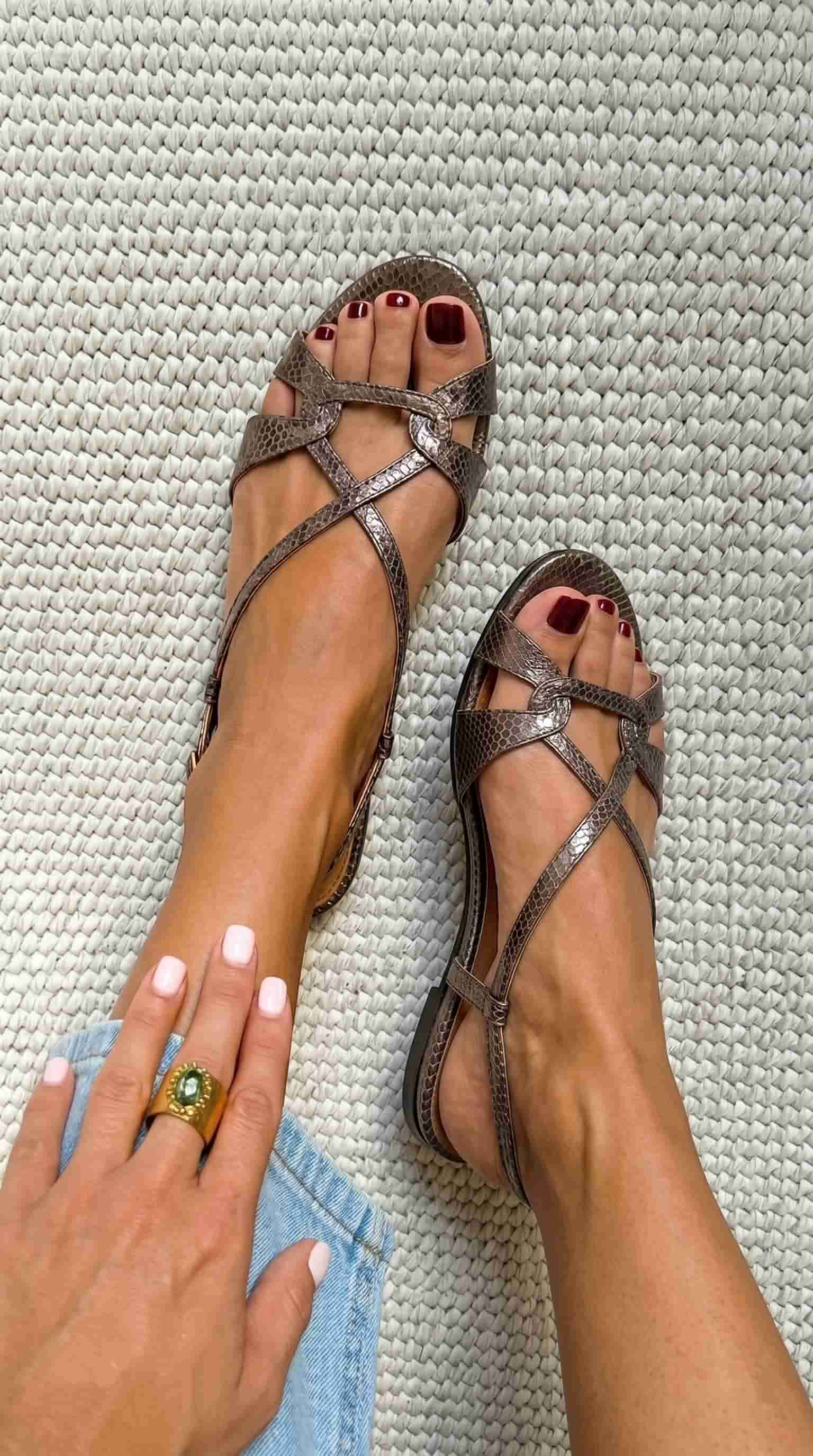 Julie | Flat Slingback Sandals with Snake Effect in Bronze and Open Toe