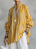 Yasmine | Vintage Casual Linen Blend Vertical Stripes Mandarin Collar and Lantern Sleeves Loose Blouse