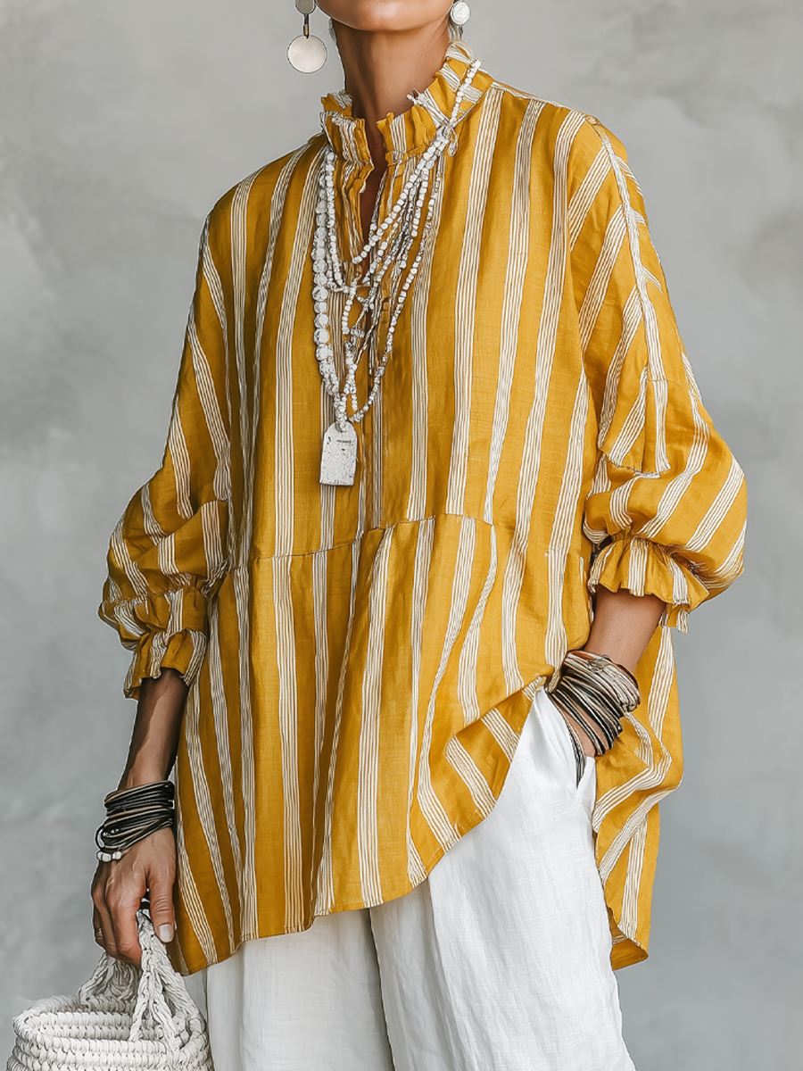 Yasmine | Vintage Casual Linen Blend Vertical Stripes Mandarin Collar and Lantern Sleeves Loose Blouse