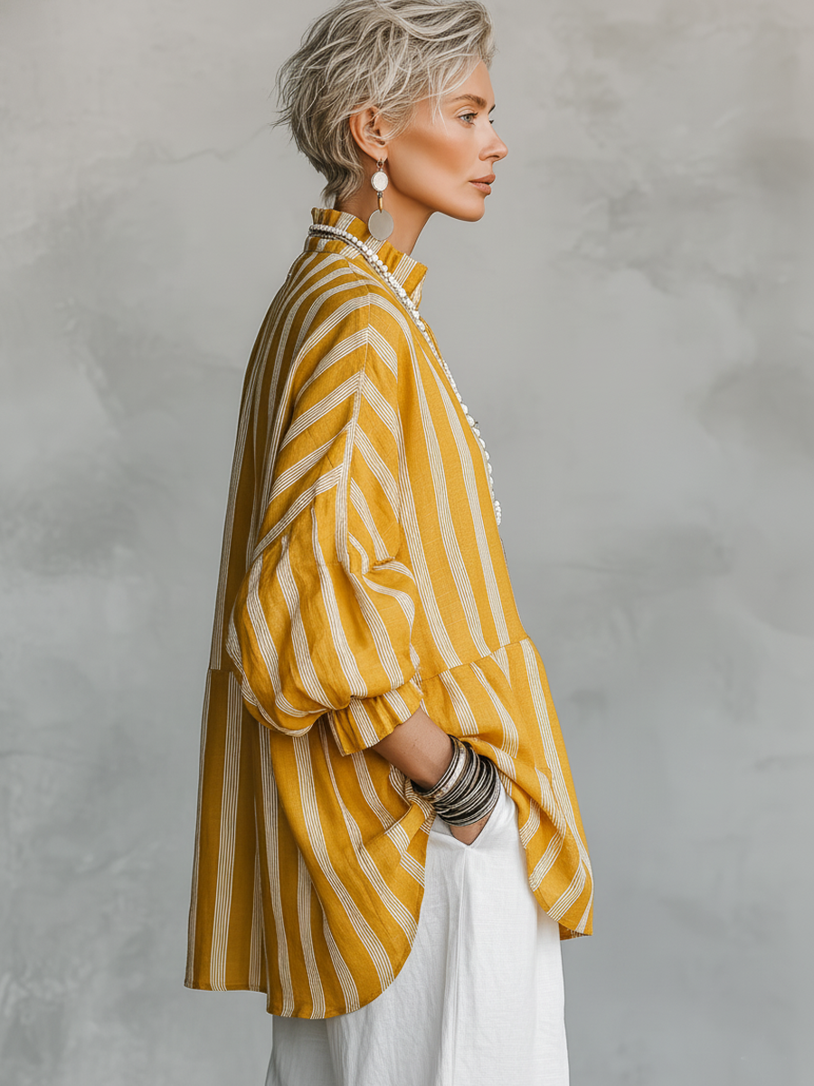 Yasmine | Vintage Casual Linen Blend Vertical Stripes Mandarin Collar and Lantern Sleeves Loose Blouse