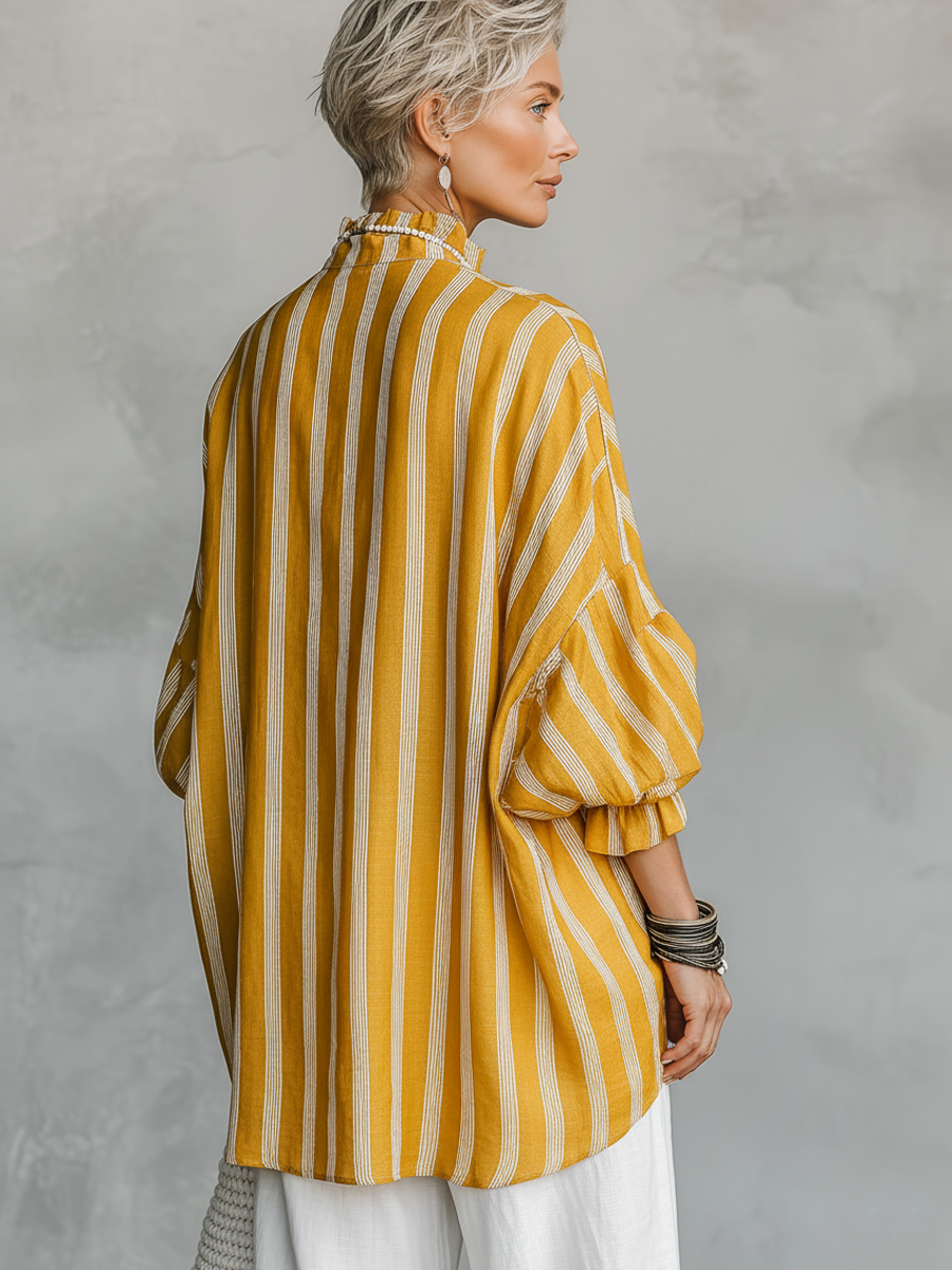 Yasmine | Vintage Casual Linen Blend Vertical Stripes Mandarin Collar and Lantern Sleeves Loose Blouse
