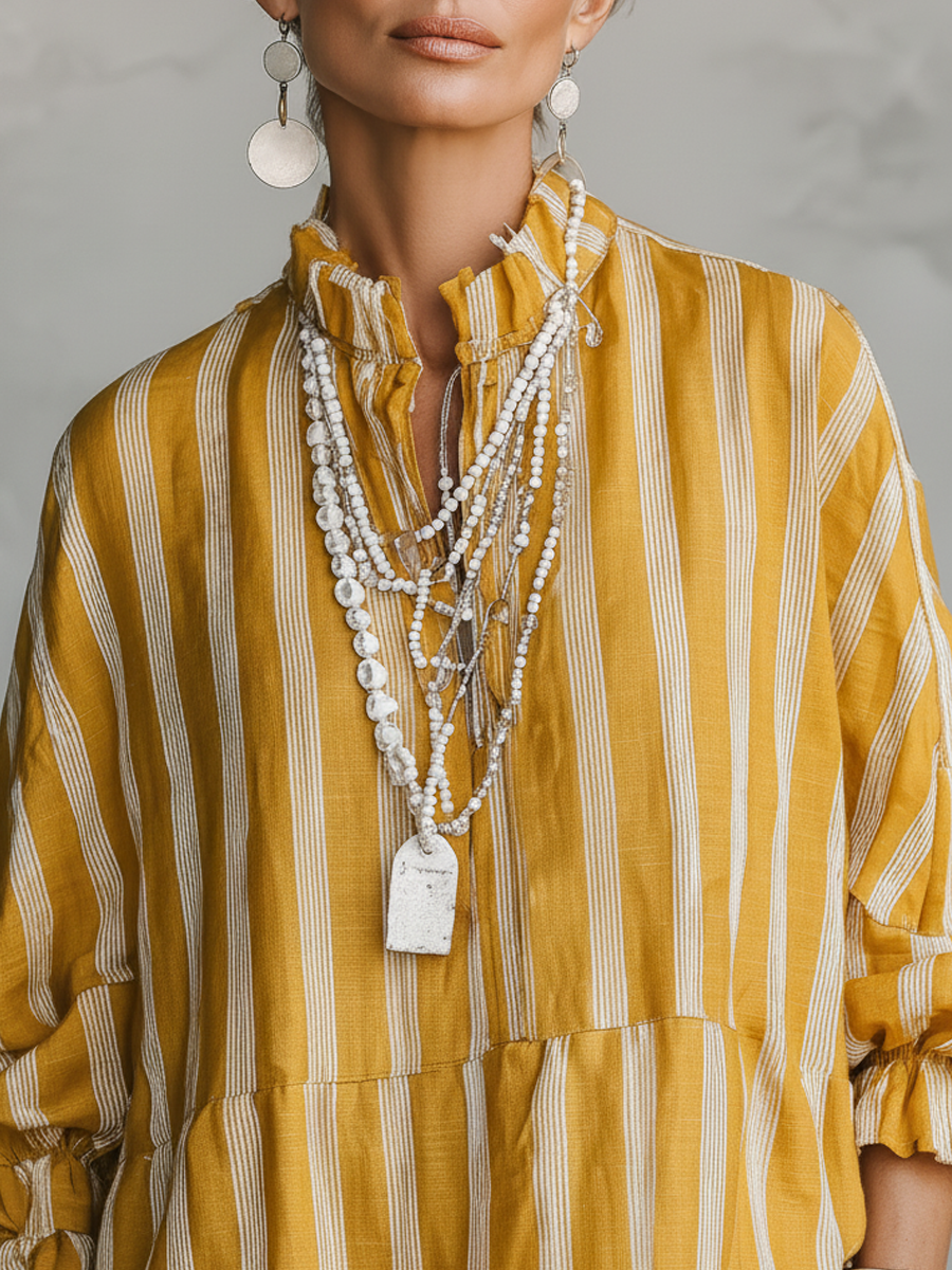 Yasmine | Vintage Casual Linen Blend Vertical Stripes Mandarin Collar and Lantern Sleeves Loose Blouse