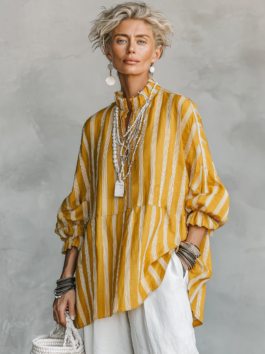 Yasmine | Vintage Casual Linen Blend Vertical Stripes Mandarin Collar and Lantern Sleeves Loose Blouse
