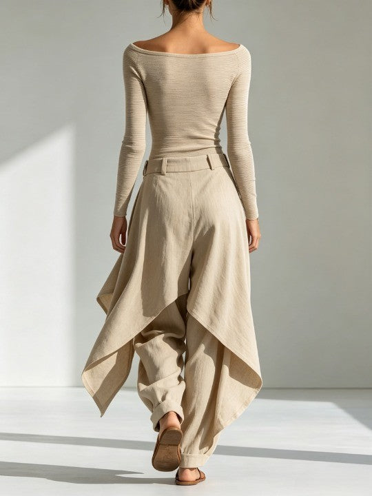 Delphine | Beige Boat Neck Top and Wide Ruffled Pants