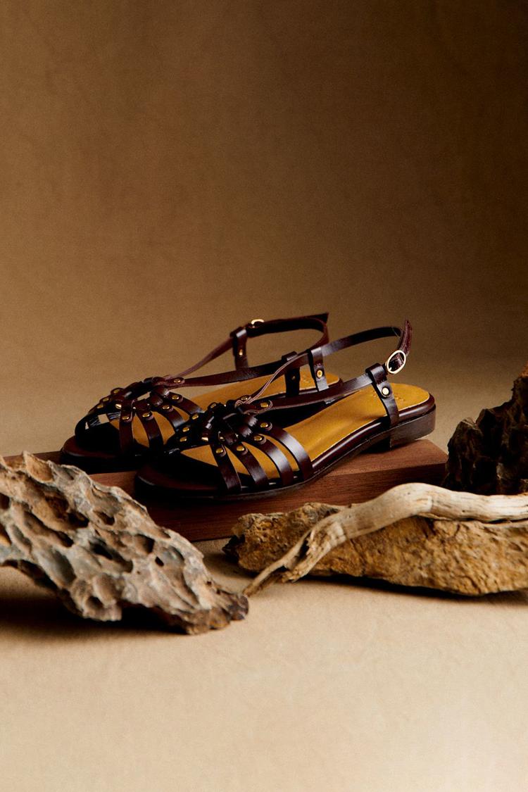 Lola | Sandals with Metal Studs and Cutouts in Dark Brown