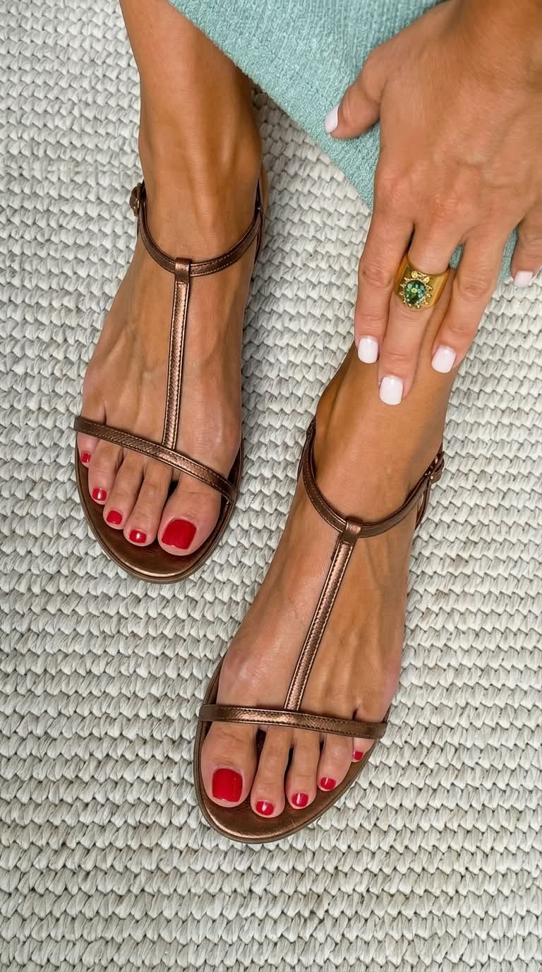 Hannah | Flat sandals in metallic look with T-shaped straps