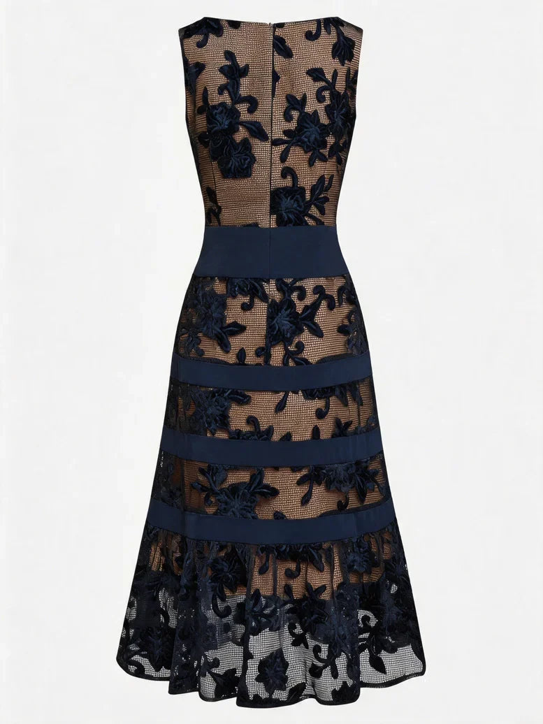 Jeanine | Black Mesh Lace Jacquard Boat Neck Sleeveless A-Line Midi Dress