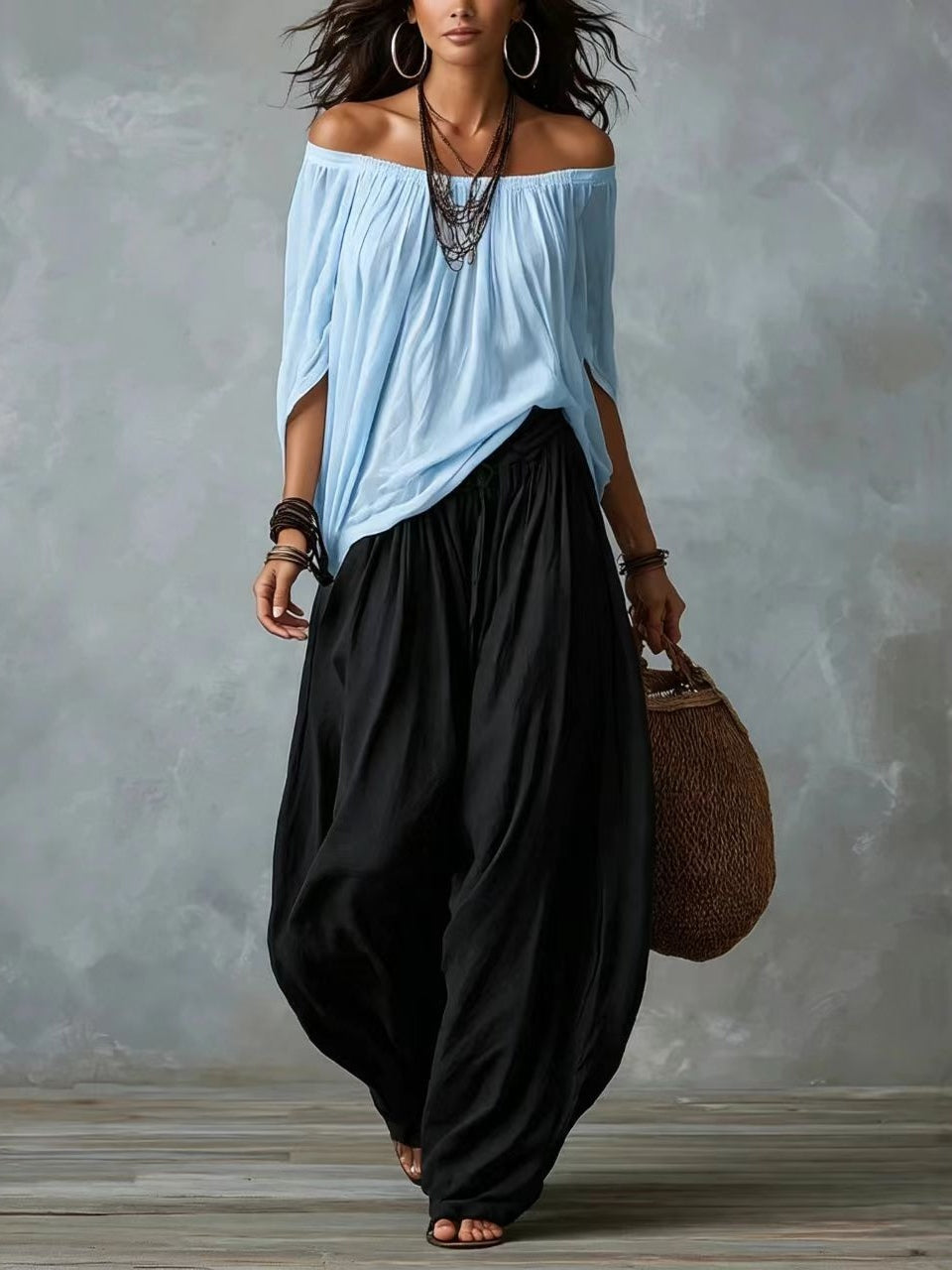 Ella | Top White Off-the-shoulder and Wide Lantern Pants Set