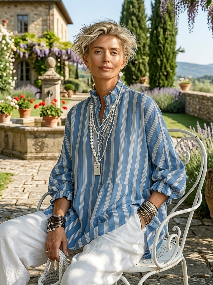 Yasmine | Vintage Casual Linen Blend Vertical Stripes Mandarin Collar and Lantern Sleeves Loose Blouse