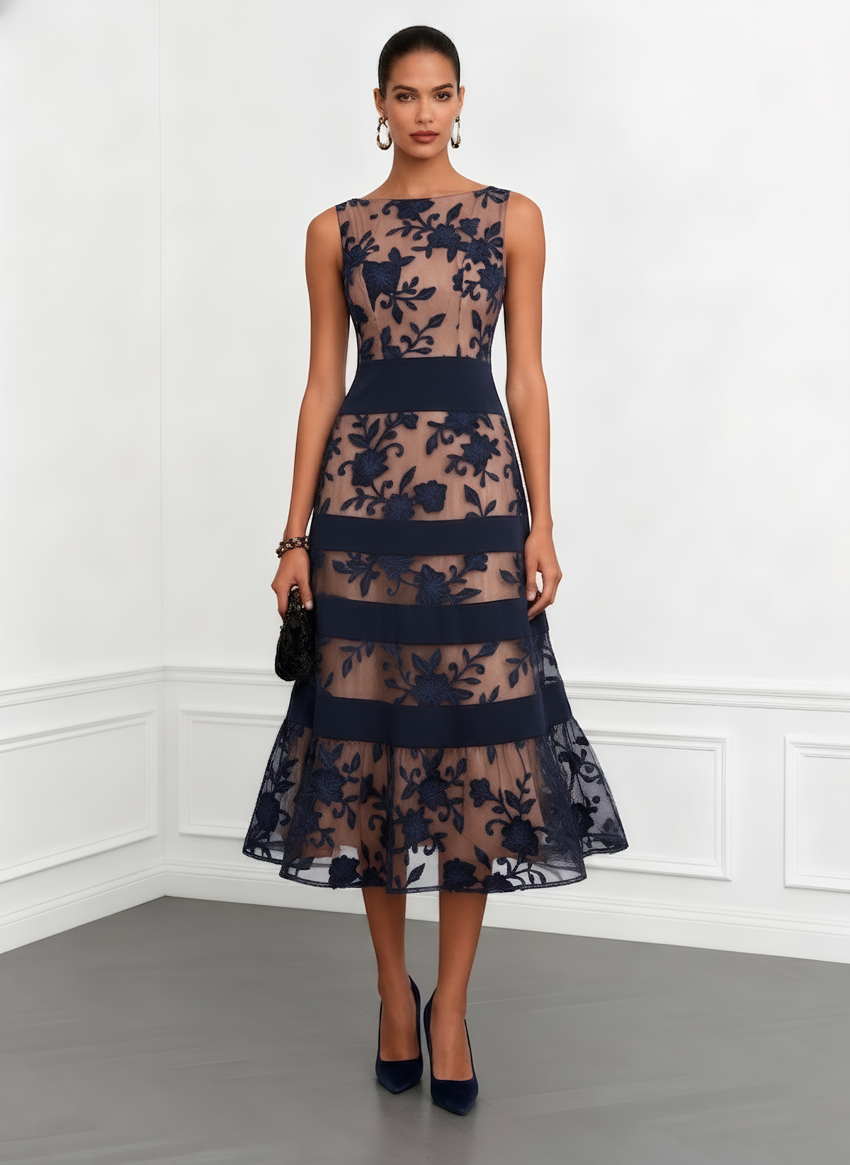 Jeanine | Black Mesh Lace Jacquard Boat Neck Sleeveless A-Line Midi Dress