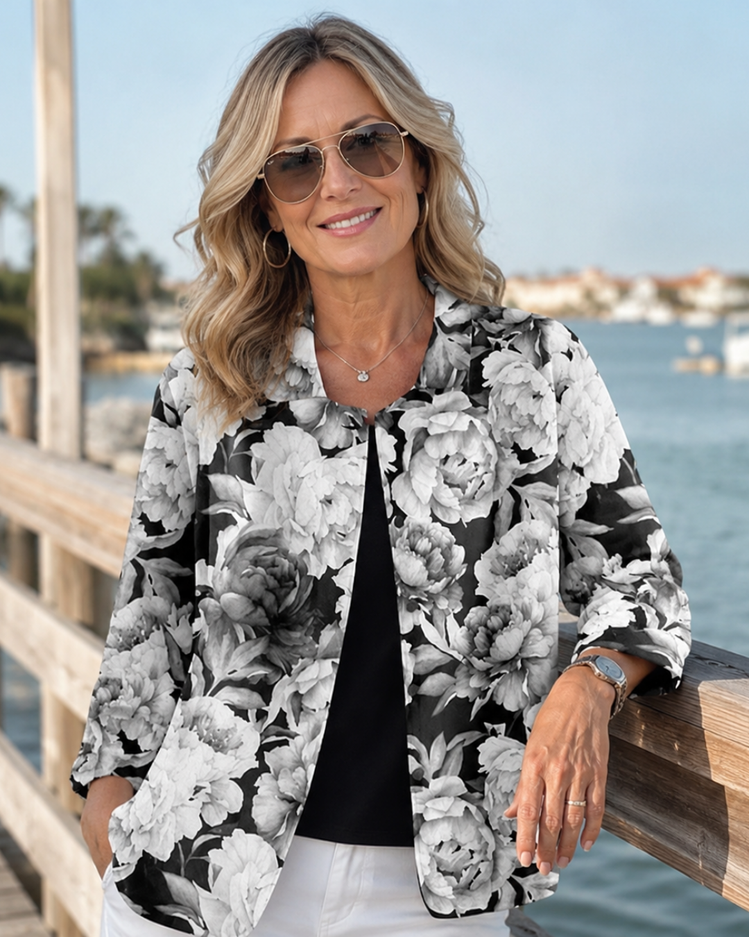 Gloria | Monochrome Floral Relaxed Open Shirt