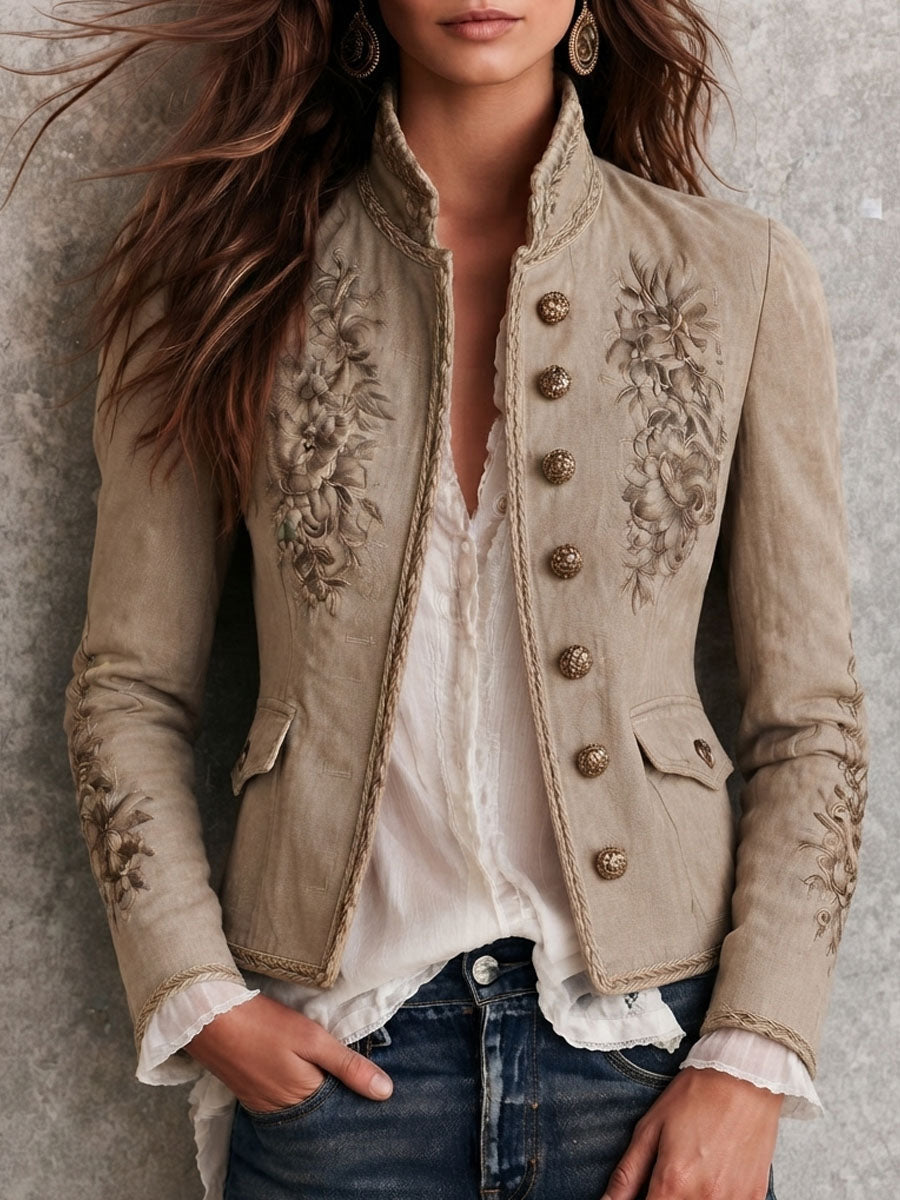 Roxie | Retro Beige Stand Collar Floral Embroidery Braided Trim Jacket