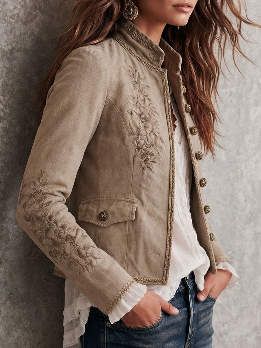 Roxie | Retro Beige Stand Collar Floral Embroidery Braided Trim Jacket