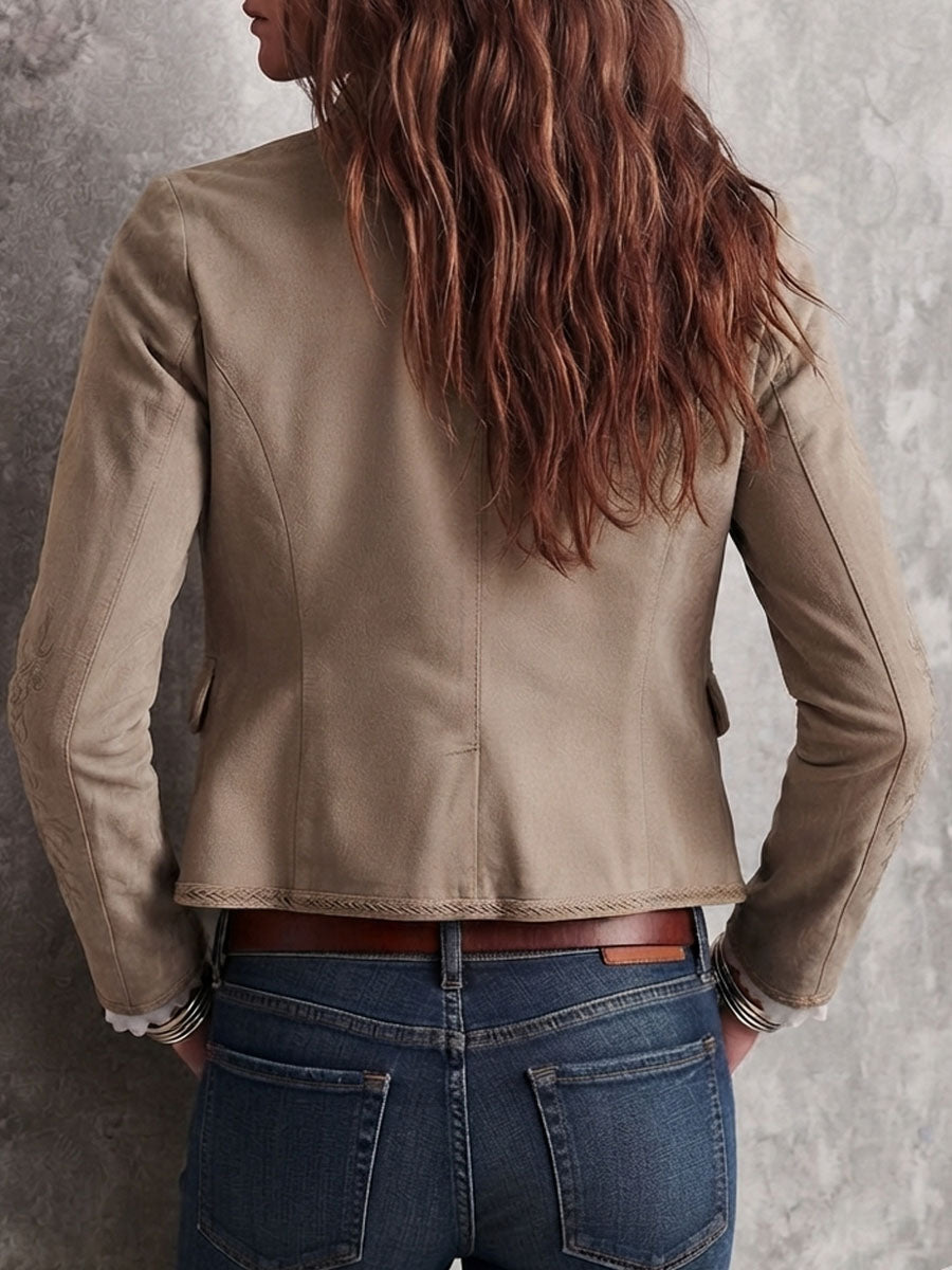 Roxie | Retro Beige Stand Collar Floral Embroidery Braided Trim Jacket