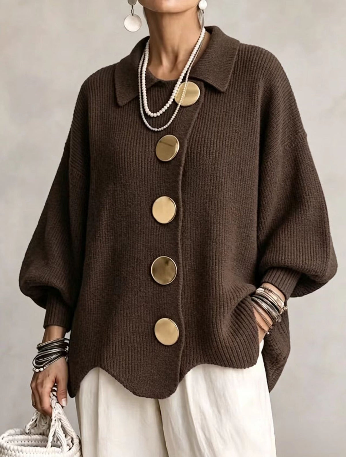 Ilona | Oversized Collared Cardigan With Large Metal Buttons