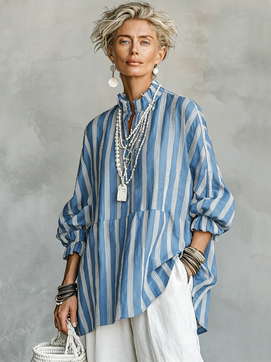 Yasmine | Vintage Casual Linen Blend Vertical Stripes Mandarin Collar and Lantern Sleeves Loose Blouse