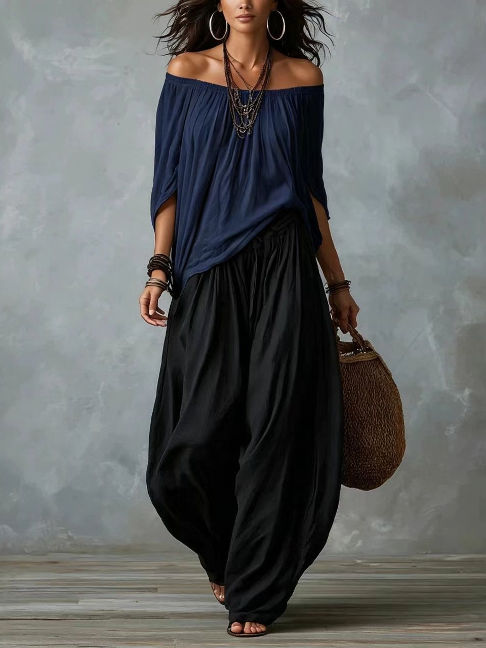 Ella | Top White Off-the-shoulder and Wide Lantern Pants Set