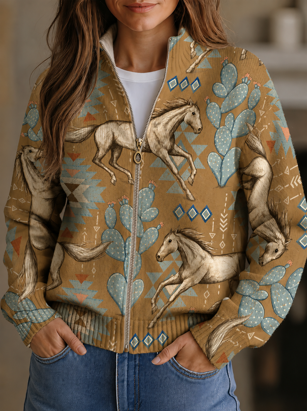 Perpetua | Desert Horse and Cactus Zip Cardigan