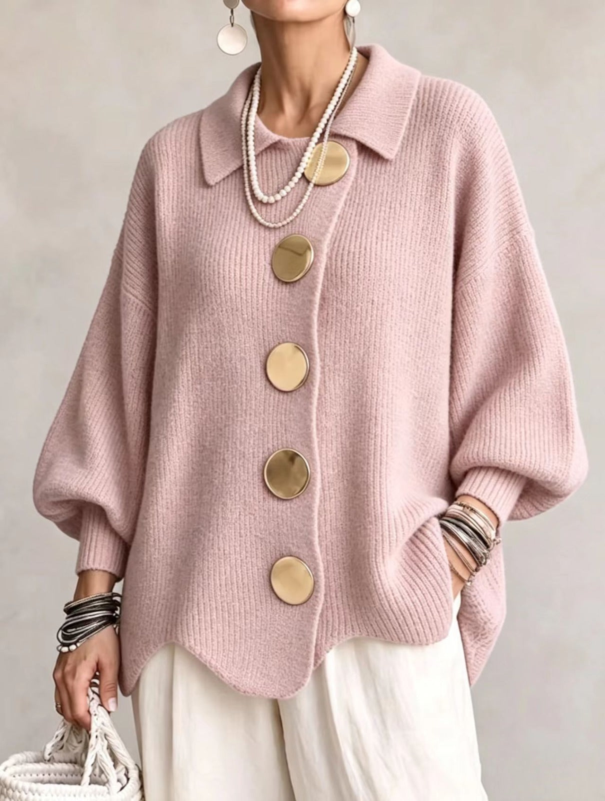 Ilona | Oversized Collared Cardigan With Large Metal Buttons