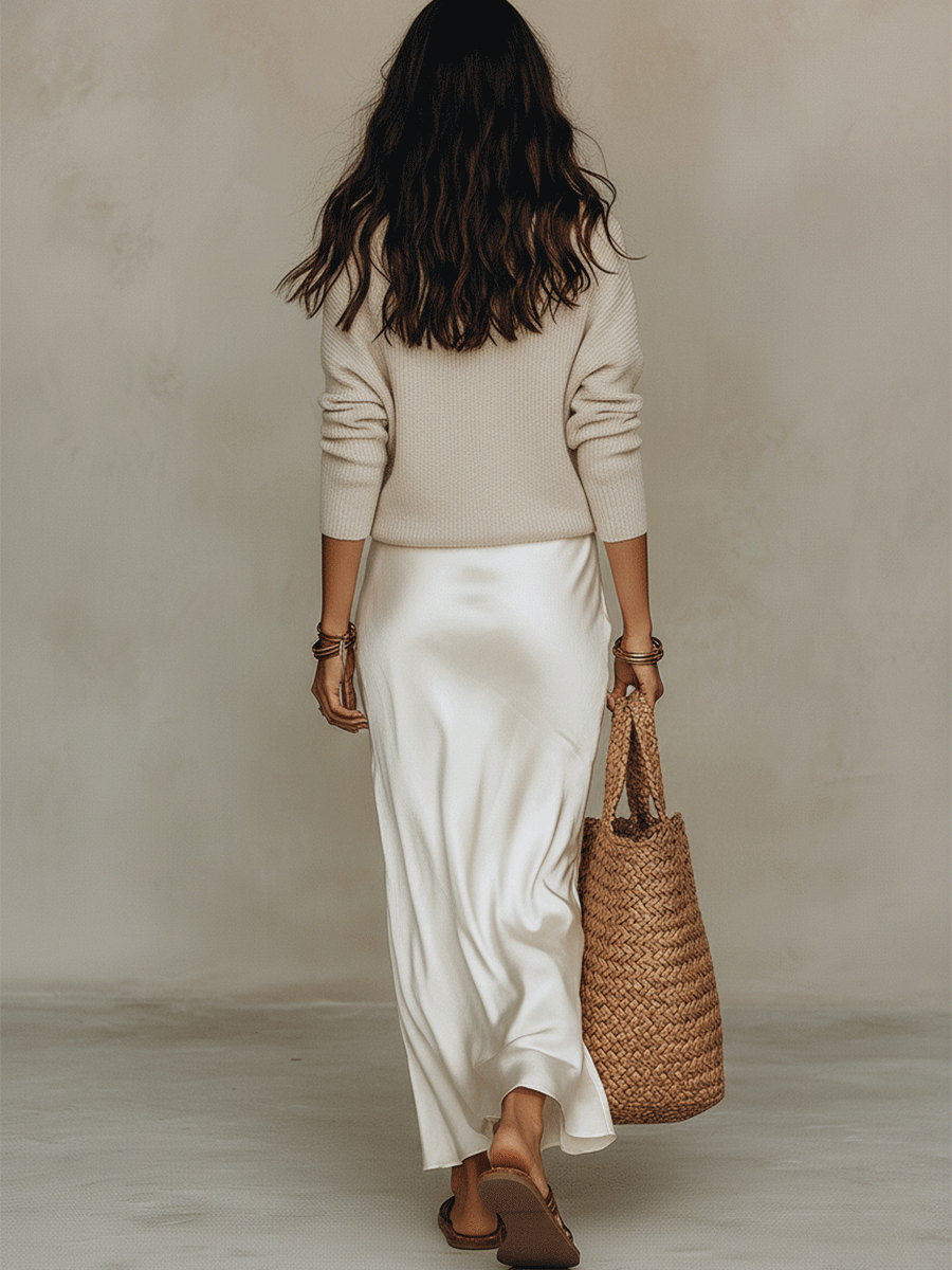 Ivana | Effortless Ivory Knit & Satin Midi Ensemble