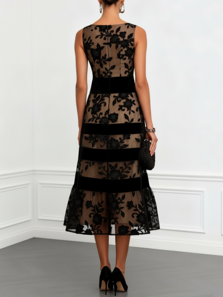 Jeanine | Black Mesh Lace Jacquard Boat Neck Sleeveless A-Line Midi Dress
