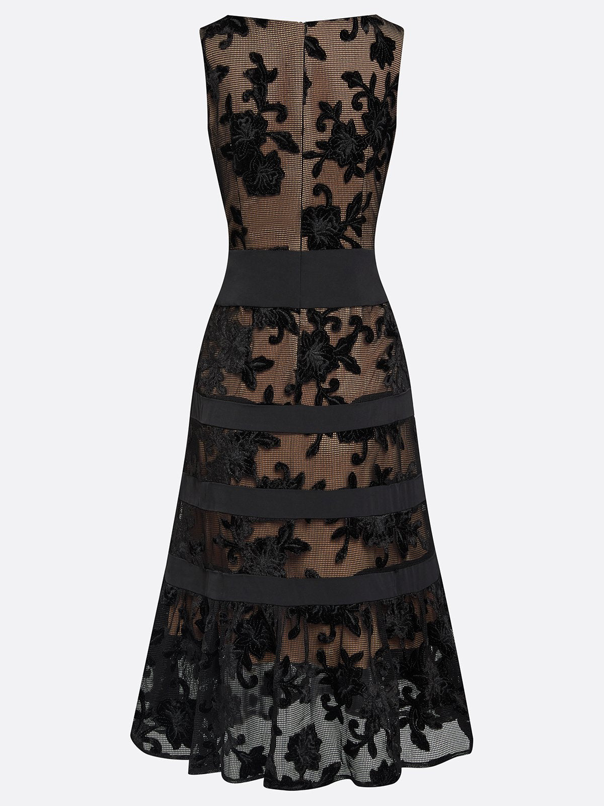 Jeanine | Black Mesh Lace Jacquard Boat Neck Sleeveless A-Line Midi Dress