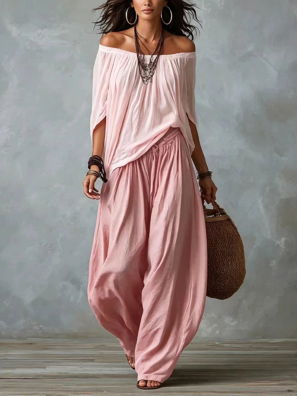 Ella | Top White Off-the-shoulder and Wide Lantern Pants Set