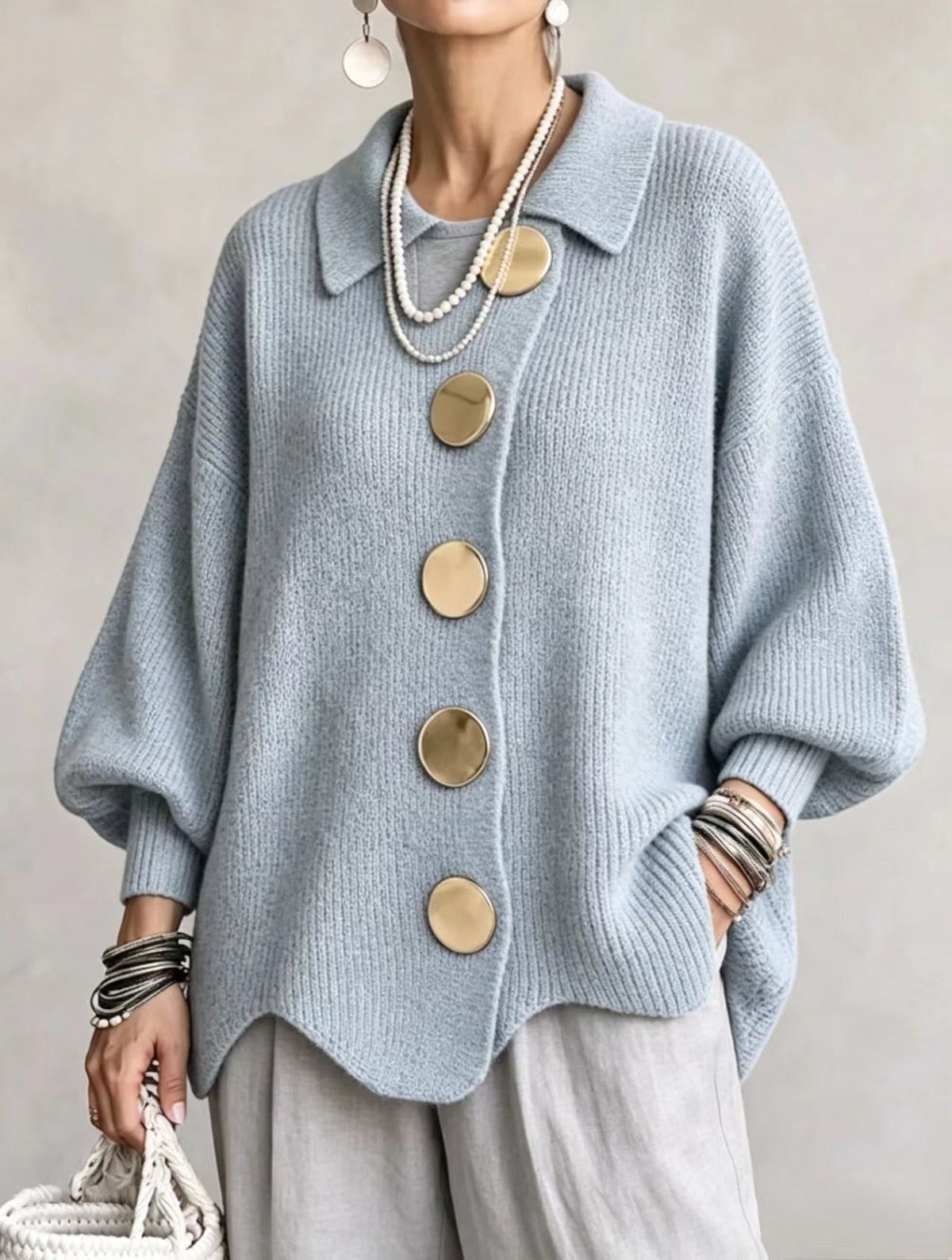 Ilona | Oversized Collared Cardigan With Large Metal Buttons