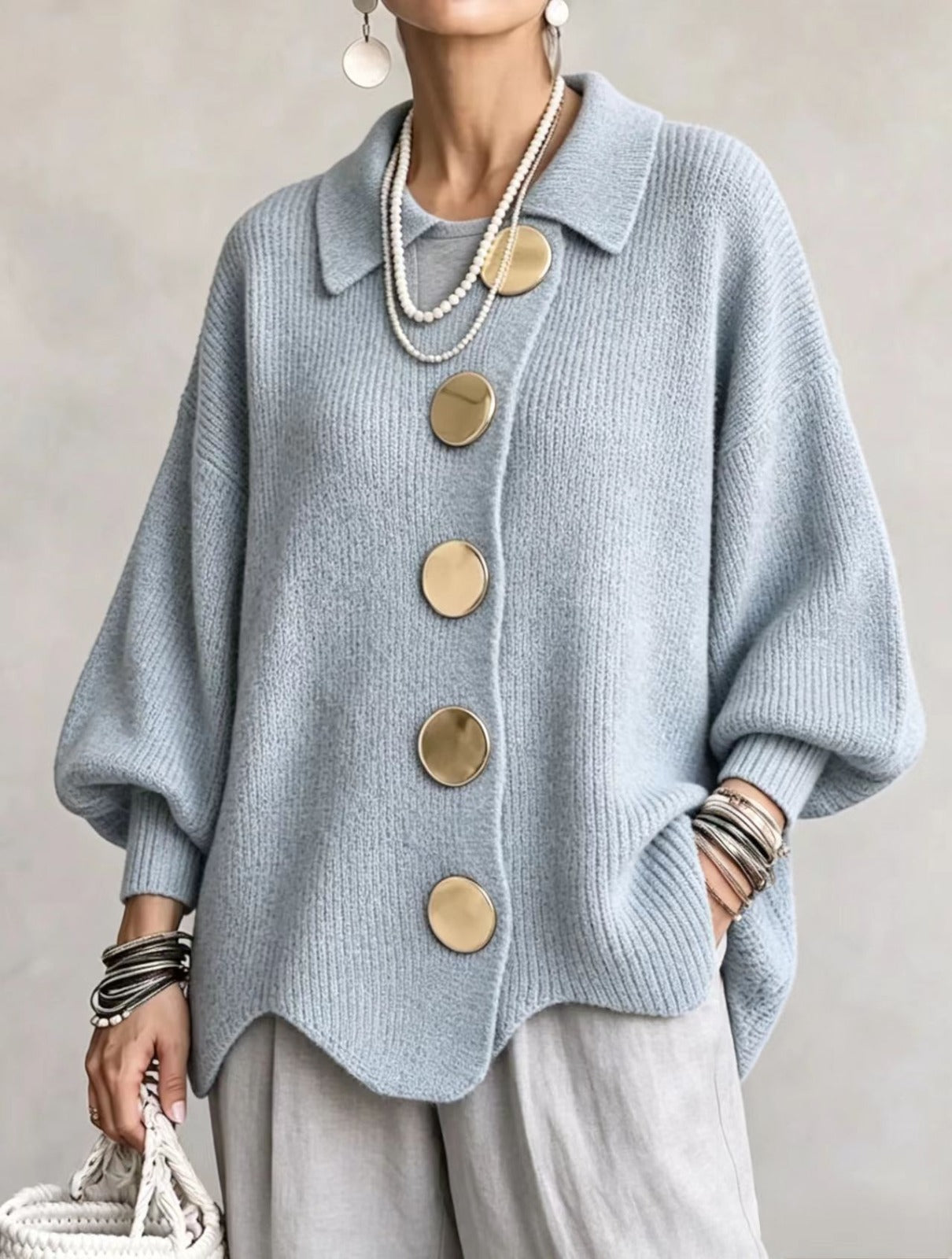 Ilona | Oversized Collared Cardigan With Large Metal Buttons