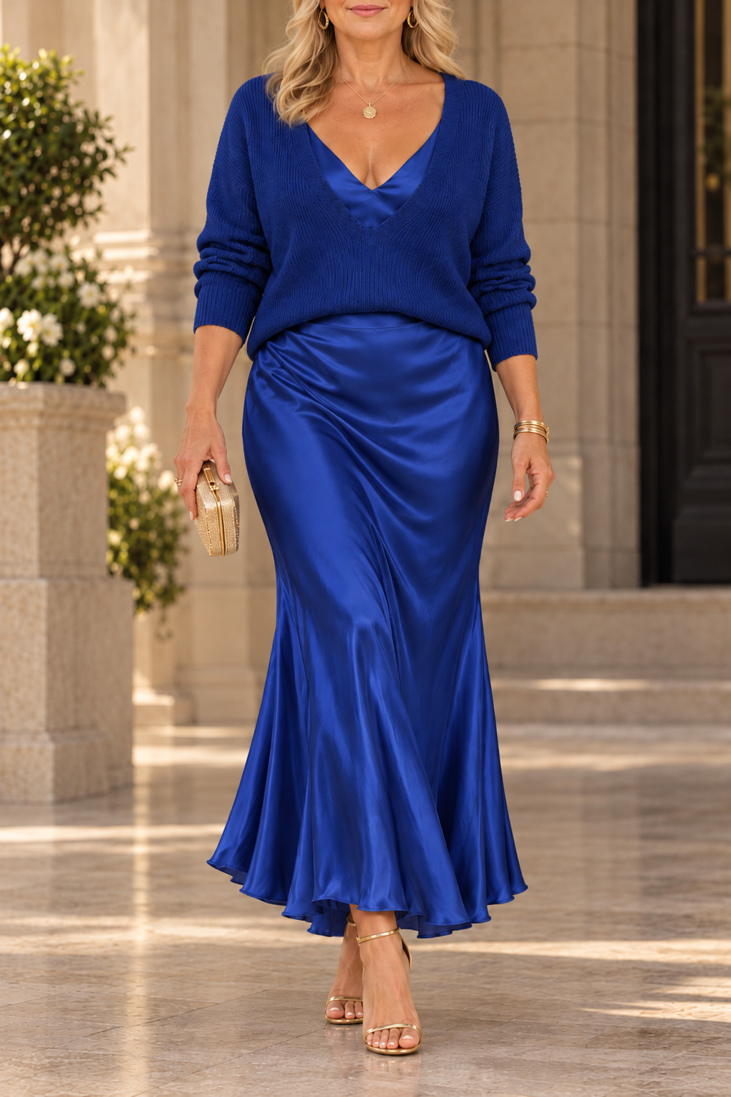 Jessa | V-Neck Sweater & Satin Maxi Dress Set