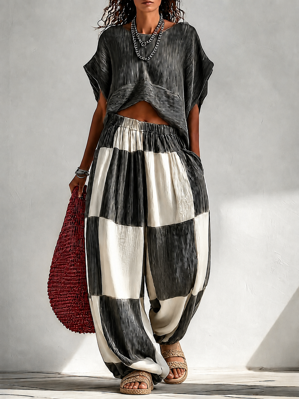 Pauline | Pleated Top and Wide Leg Color Block Pants Two-Piece Vacation Set