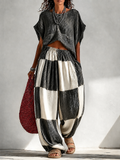 Pauline | Pleated Top and Wide Leg Color Block Pants Two-Piece Vacation Set