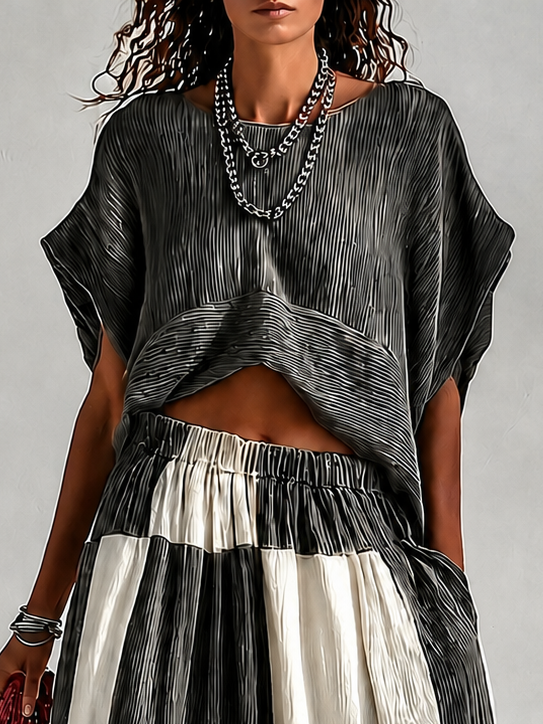 Pauline | Pleated Top and Wide Leg Color Block Pants Two-Piece Vacation Set