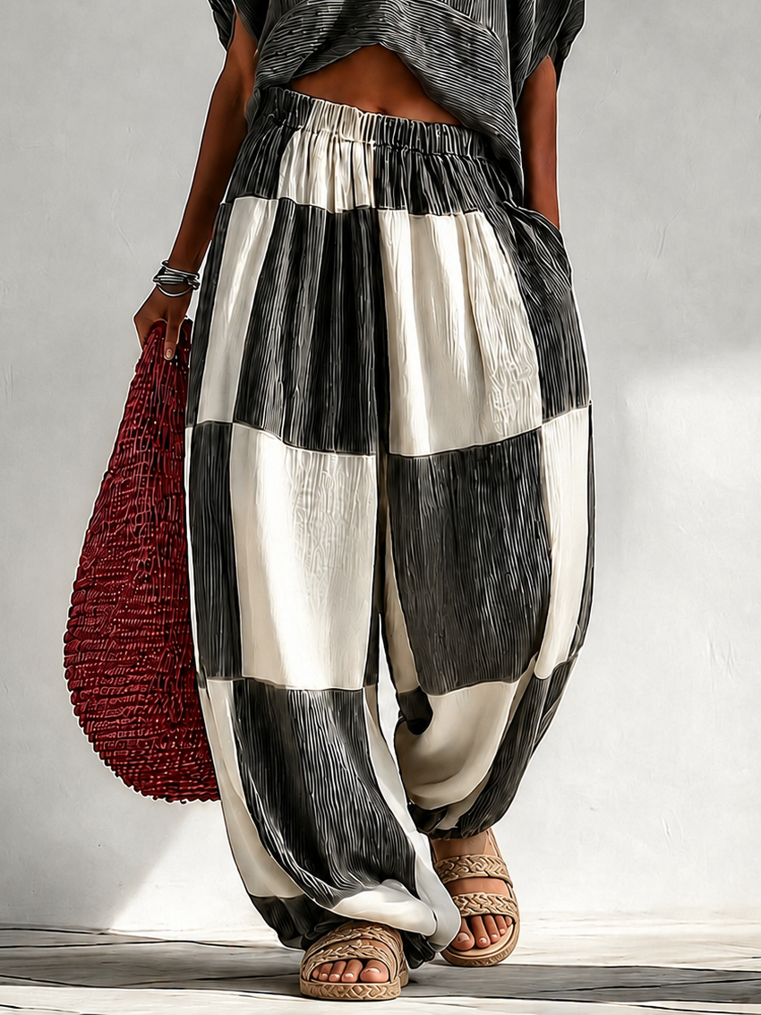Pauline | Pleated Top and Wide Leg Color Block Pants Two-Piece Vacation Set