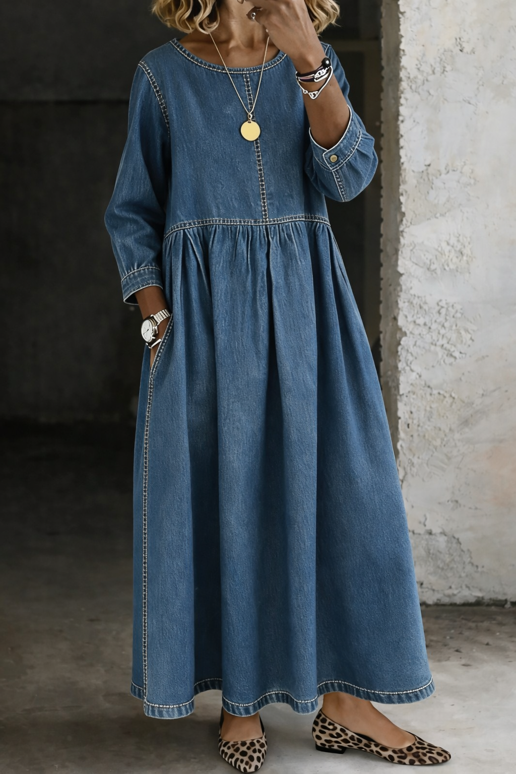 Zephyrelle | Elegant Vintage Denim Maxi Dress Handmade (RESTOCKED)