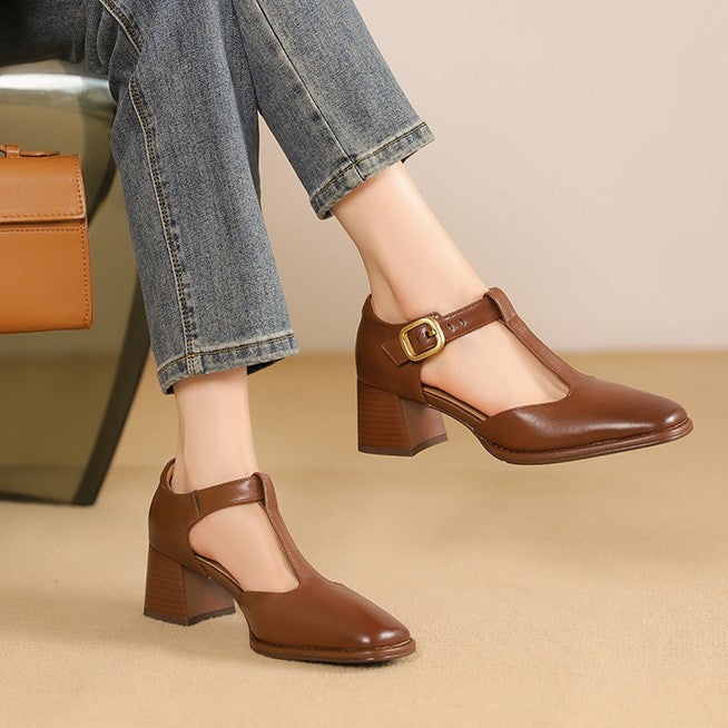 Marcele | T-Strap Leather Pumps