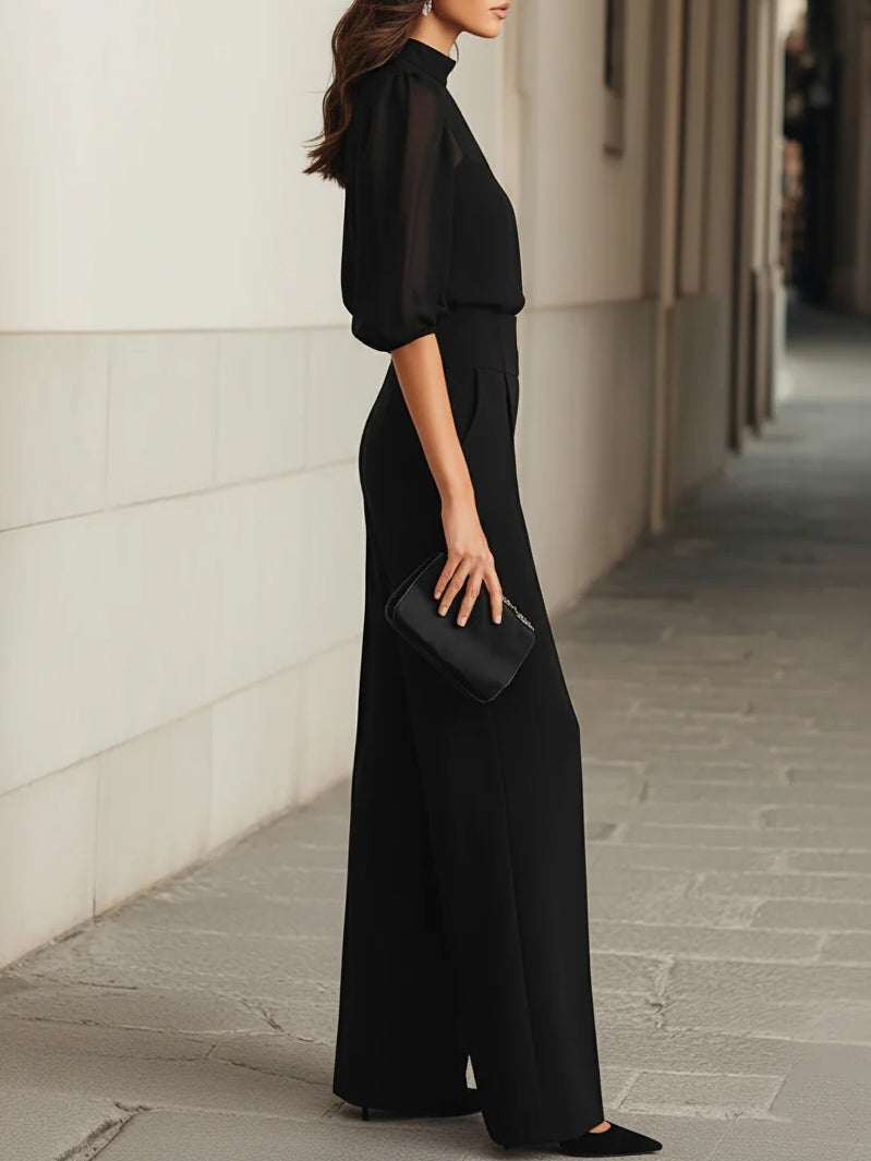 Thalia | Top and Wide Leg Black Chiffon Pants - Three Piece Set