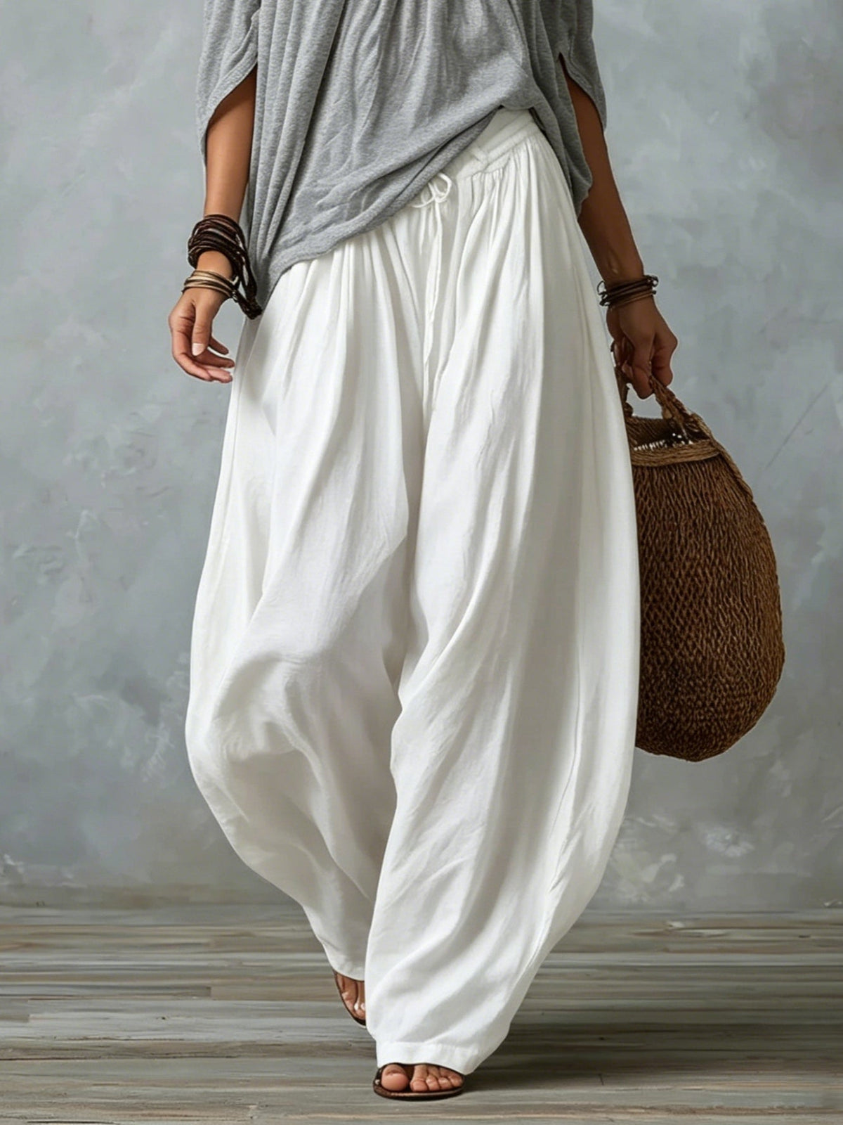 Grace | Gray Off-shoulder Top and White Wide-leg Lantern Pants