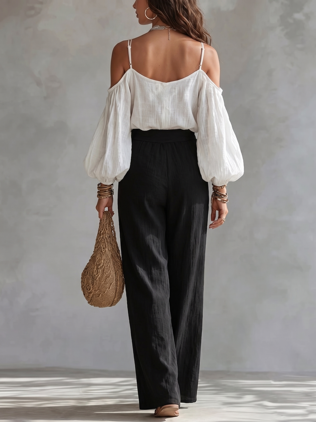 Wilma | White Off-the-Shoulder Tank Top and Black Wide-Leg Pants